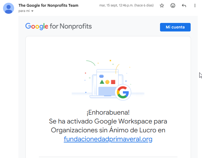 Activación de Google Workspace for Nonprofits para Fundación Edad Primaveral, 15 de septiembre de 2026