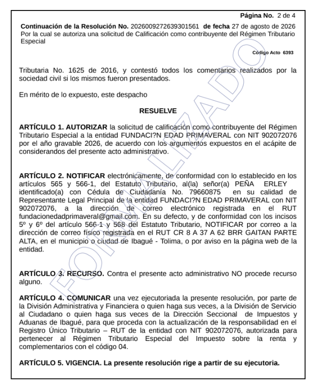 Resolución No. 2026009272639301561 — Calificación de FEPRIM como contribuyente del Régimen Tributario Especial, DIAN, 27 de agosto de 2026